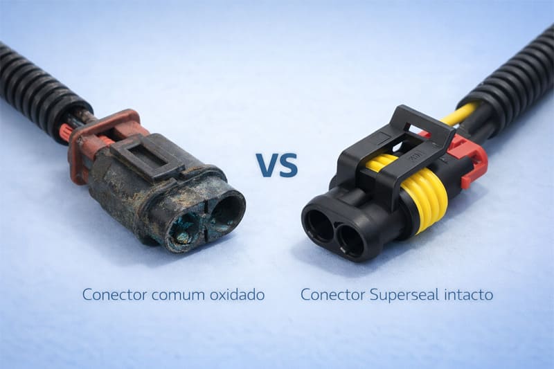Comparativo de durabilidade entre conectores elétricos padrão e a linha Superseal vedada. Comparativo de durabilidade entre conectores elétricos padrão e a linha Superseal vedada.