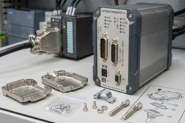 Partes de uma capa metálica para conector DB15